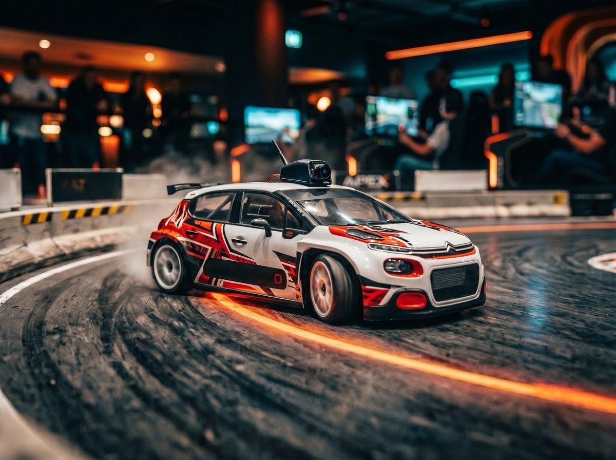 RC race car with onboard camera cornering on the track