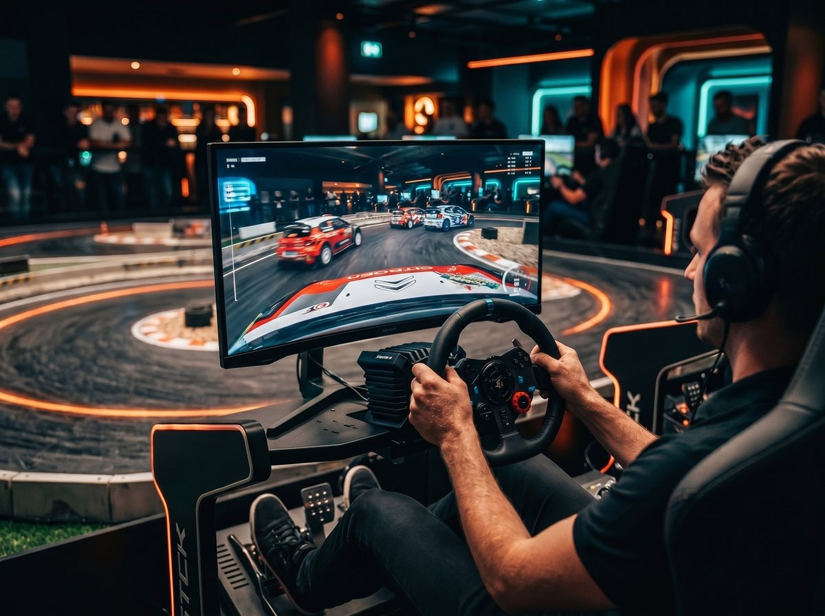 Guest driving from a racing cockpit with a live onboard view on screen