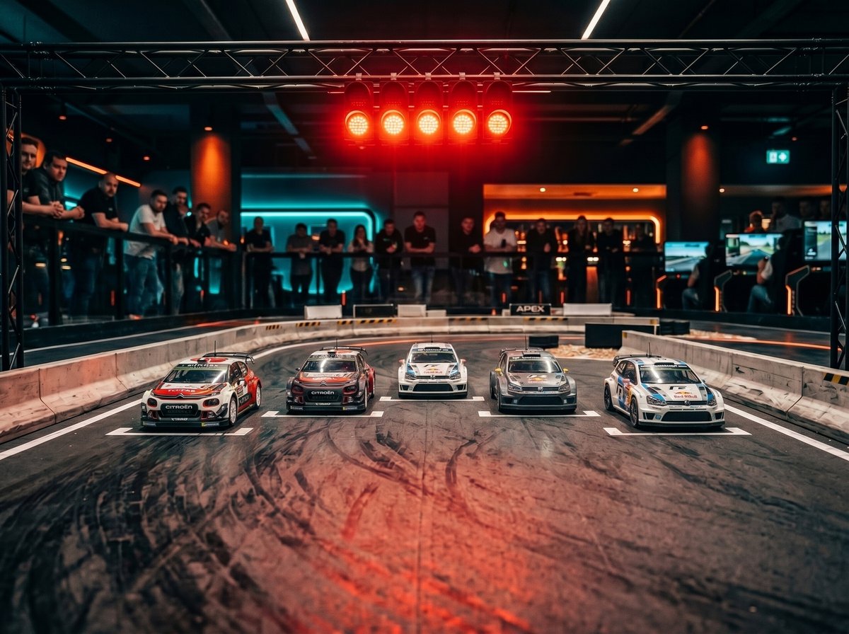 RC race cars lined up on the starting grid under start lights