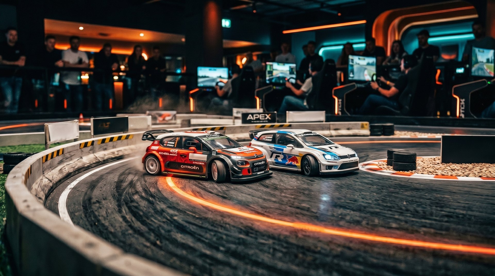 RC race cars racing wheel-to-wheel on a custom indoor track