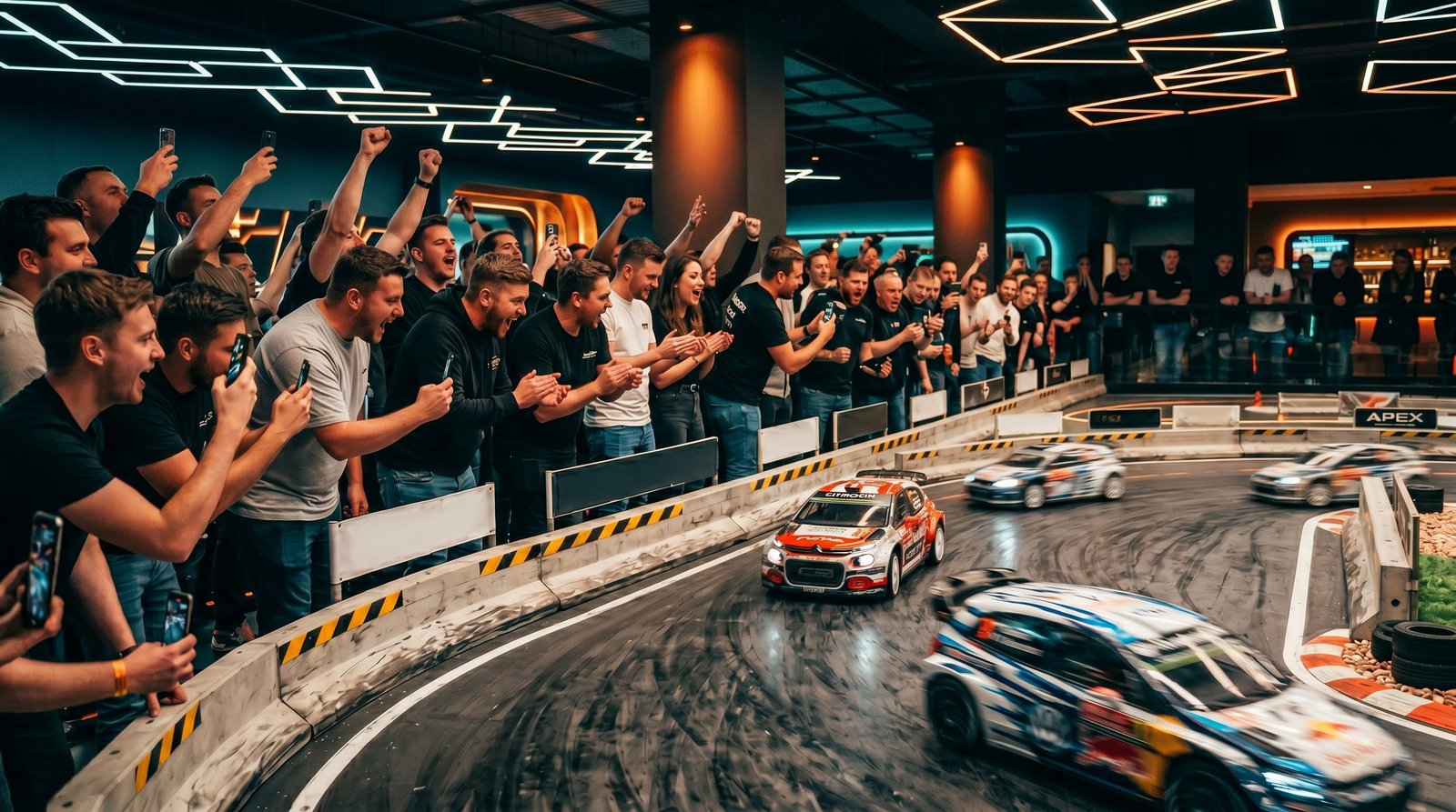 Crowd gathered at the track barrier watching a live RC race